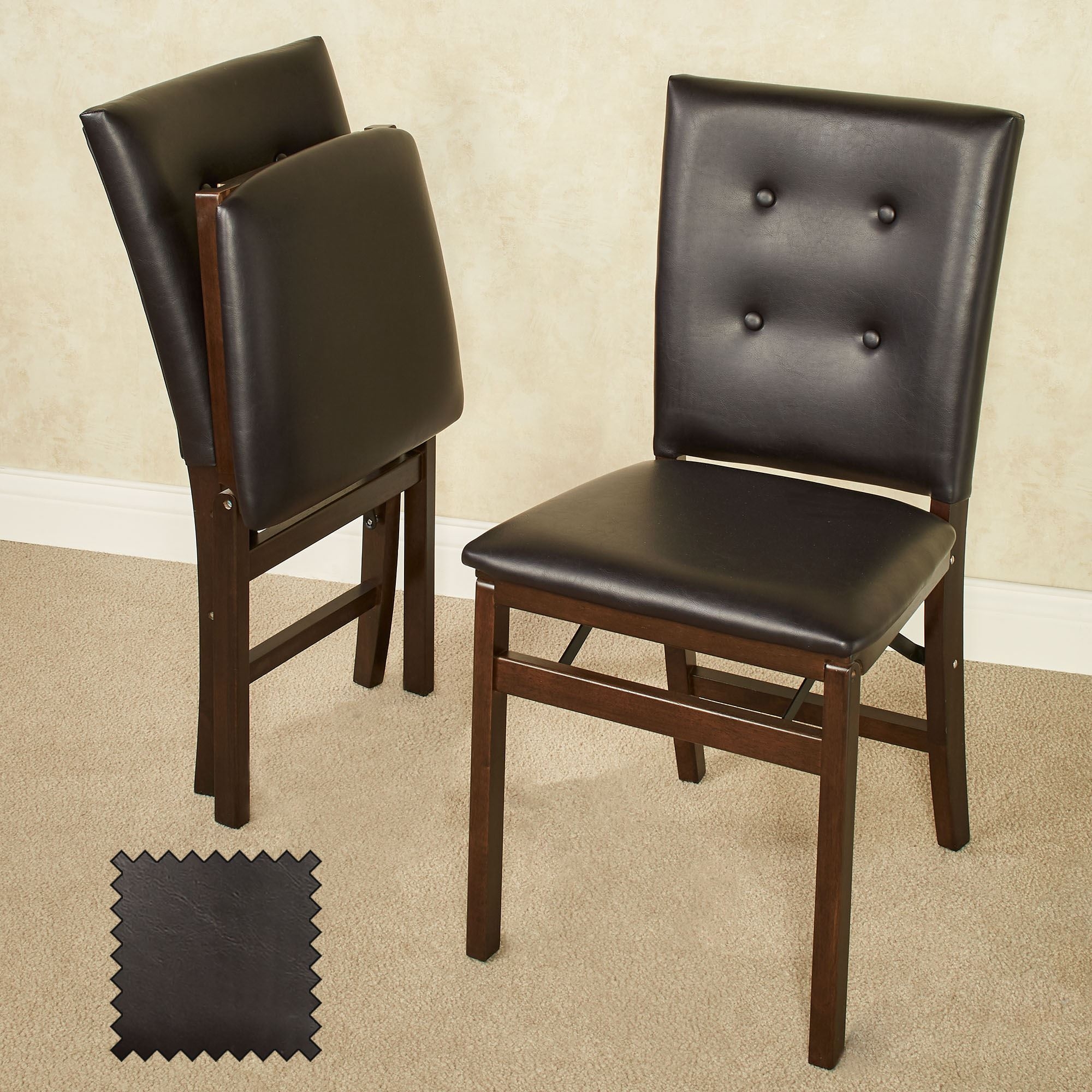 Folding Chair with Black Faux Leather and Tufted Back