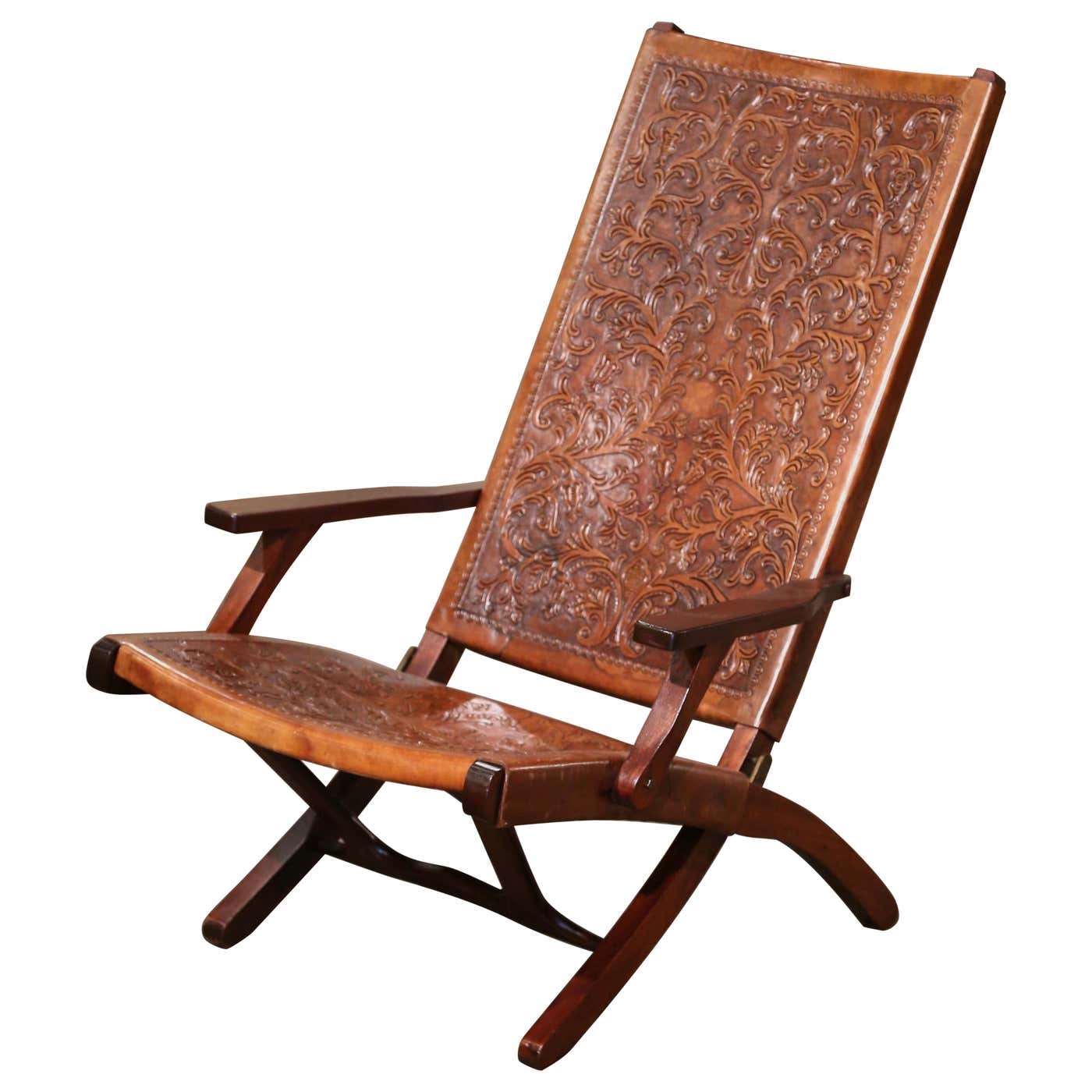 Folding Chair with Embossed Leather Panels and Scissor Frame