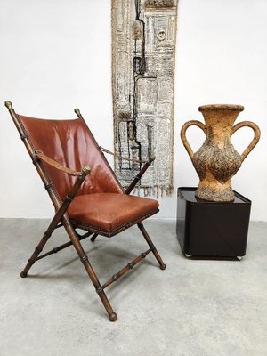 Folding Chair with Faux Bamboo Frame and Strap Armrests