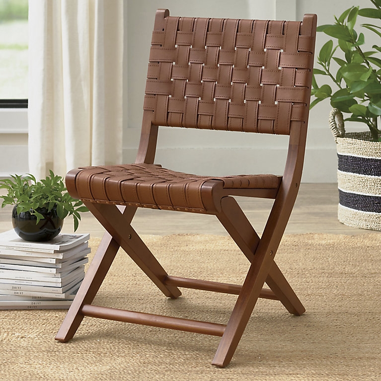 Folding Chair with Woven Leather-Like Straps in Cognac