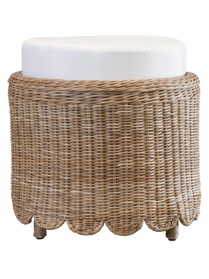 Foot Stool Scalloped Edge Round Rattan Coastal White