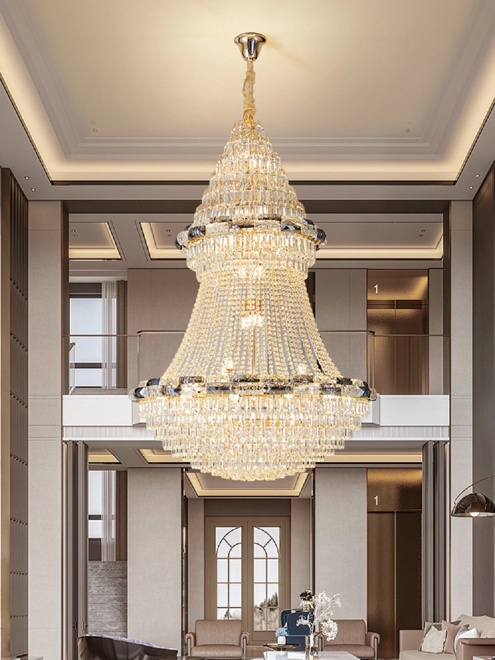 Foyer Chandelier Cascading Crystal Strings Luxury High Ceiling Light