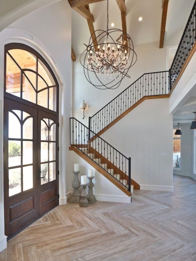 Foyer Chandelier Orb Silhouette Arched Door Orb Crystal Chandelier