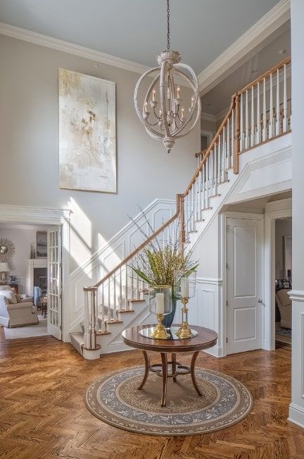 Foyer Chandelier Whitewashed Orb Frame Round Entryway Table Styling
