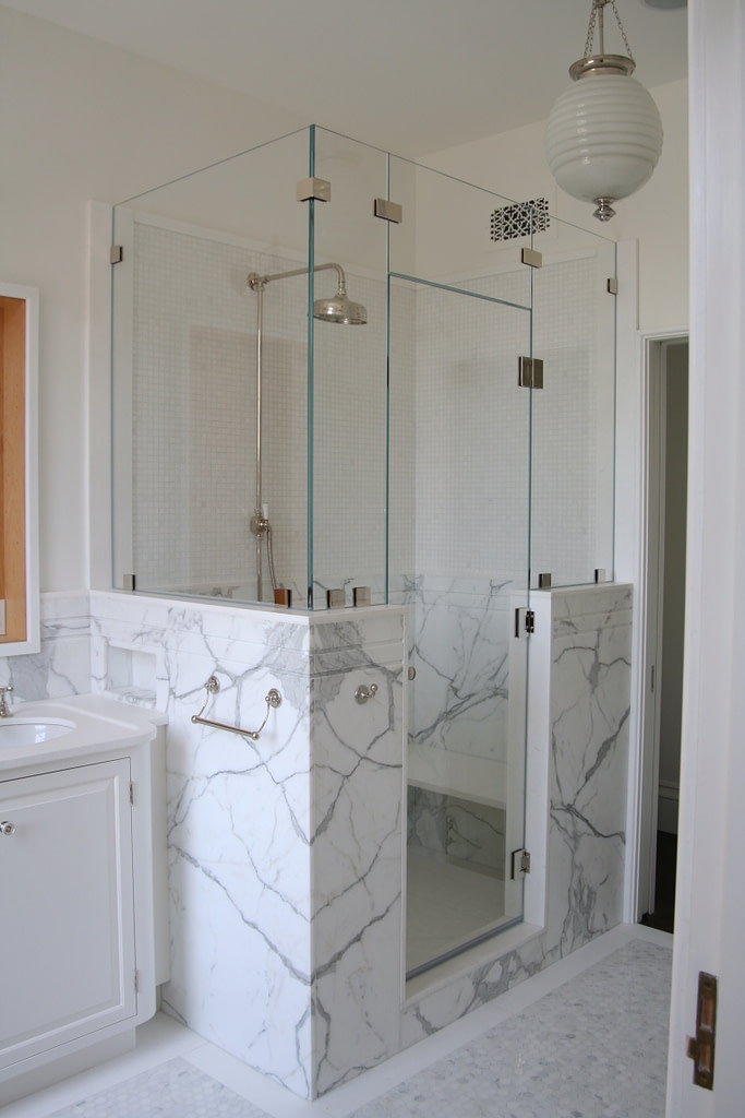 Frameless Shower Enclosure marble pony wall and shower bench