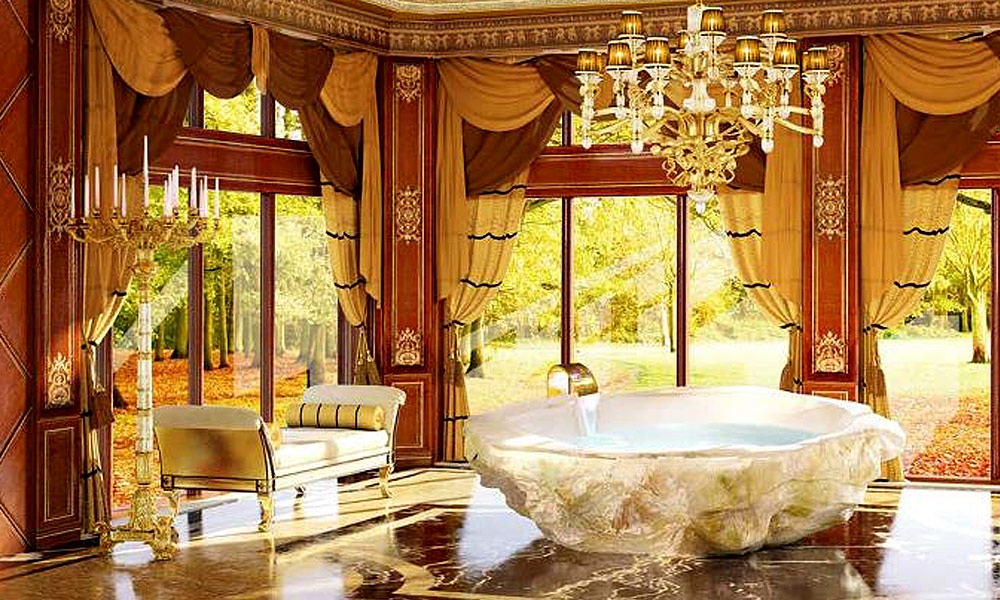 Freestanding Bathtub Crystal Style Panoramic Forest View