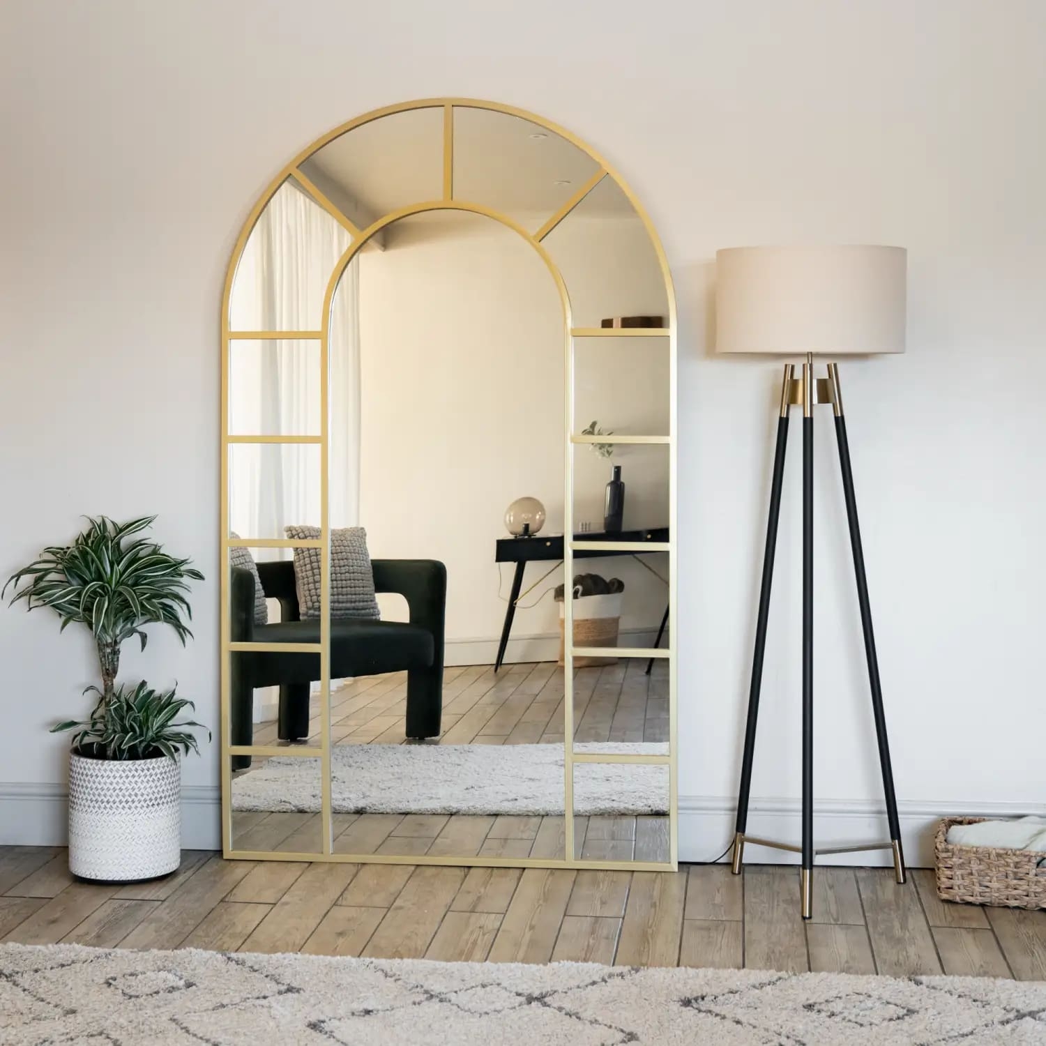Full Length Mirror: Gold Metal Frame Arched Window Floor Decor