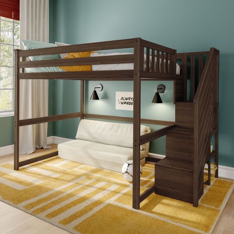 Full Loft Bed Walnut Brown Finish with Integrated Stairs