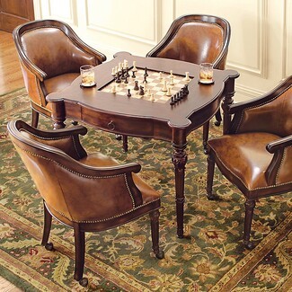 Game Table Set Leather Like Barrel Chairs and Front Casters
