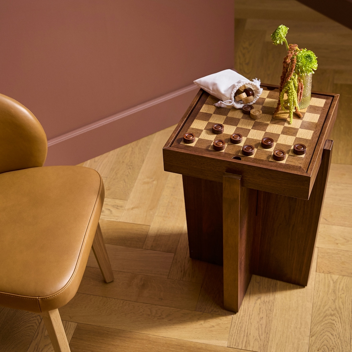 Game Table with Cognac Tan Leather Chair and Wood Finish