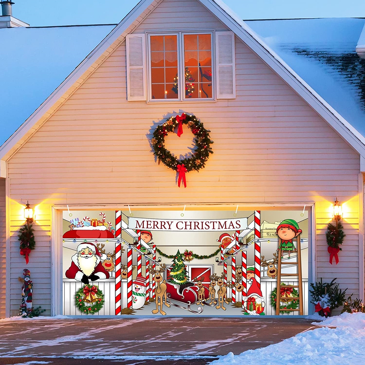 Garage Door Banner Large Format Backdrop Santa Illustrated Holiday Scene