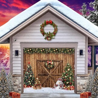 Garage Door Banner Rustic Barn Door Visual Winter Snowman Backdrop