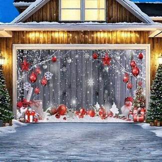 Garage Door Banner Wood Grain Background Snowflake Holiday Mural Cover