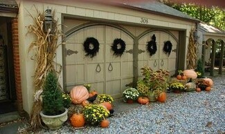 Garage Door Harvest Fall Decor with Corn Stalk Accents and Wreaths