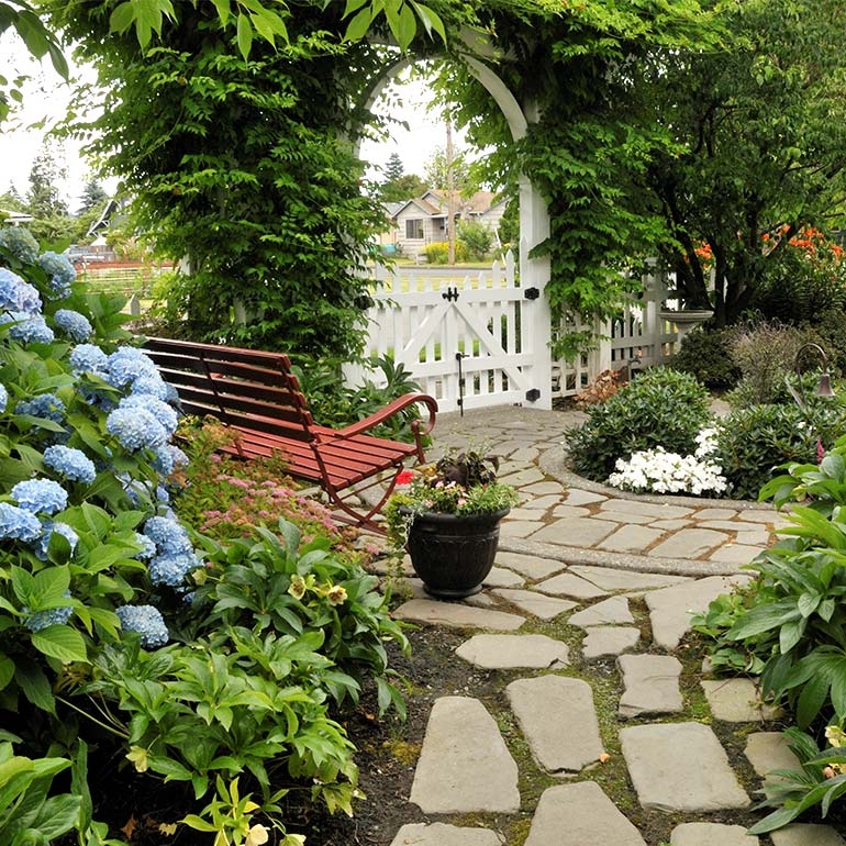 Garden Arbor White Garden Arbor with Gate and Red Bench