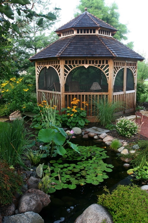 Garden Gazebo Screened Outdoor Pavilion and Lily Pond