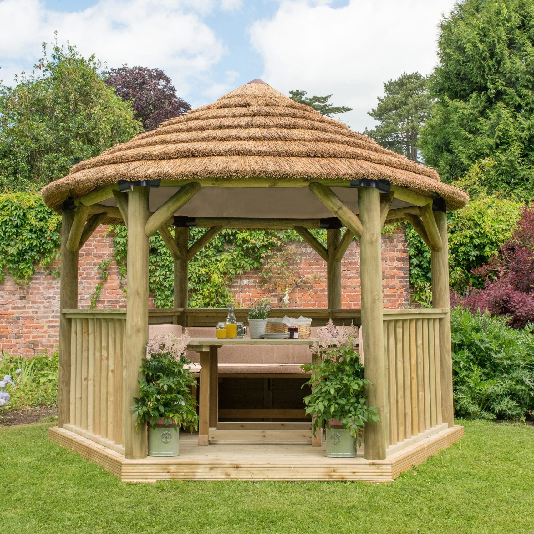 Garden Gazebo Thatched Roof and Integrated Dining Set Look