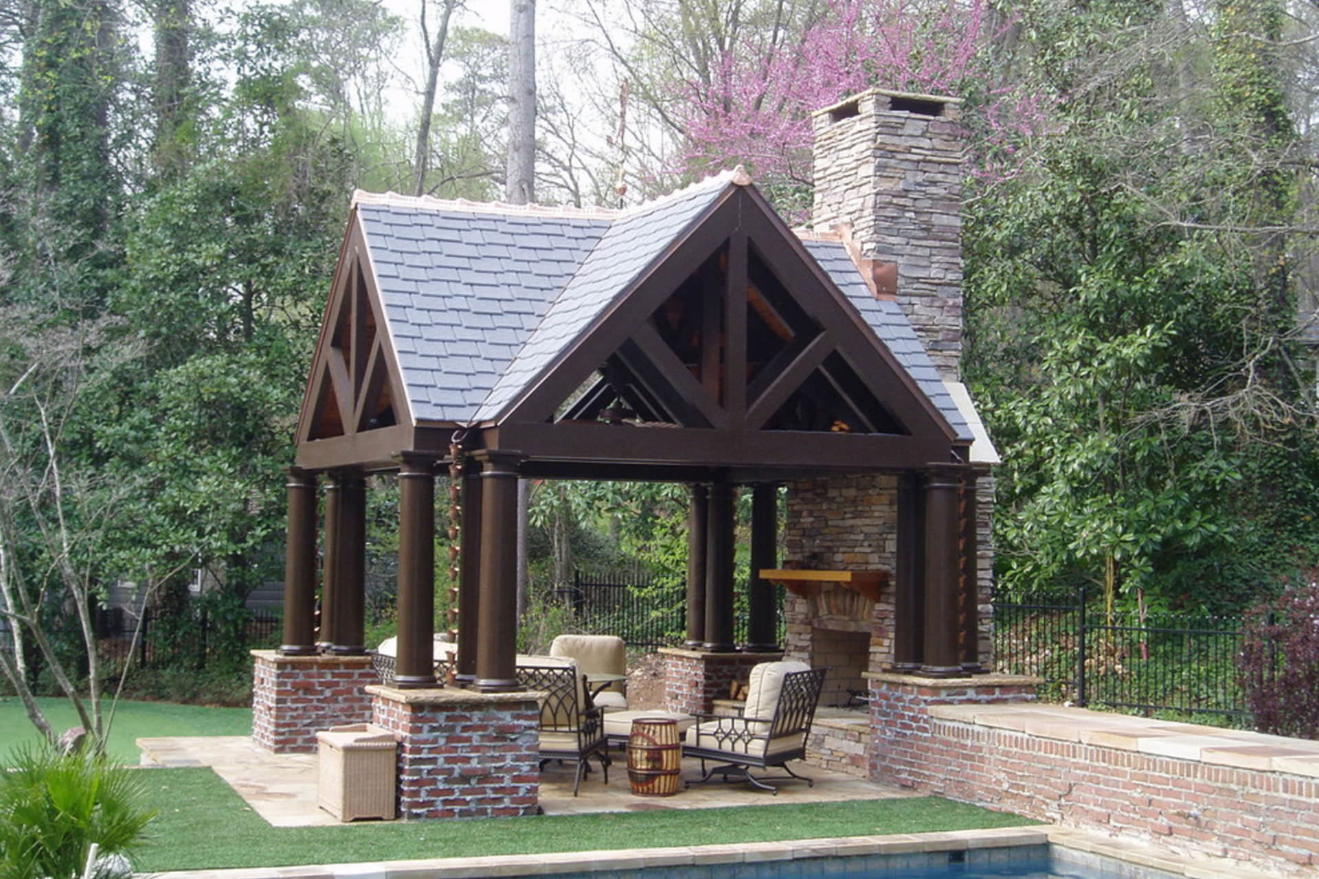 Garden Pavilion Stacked Stone Chimney and Rain Chains Look