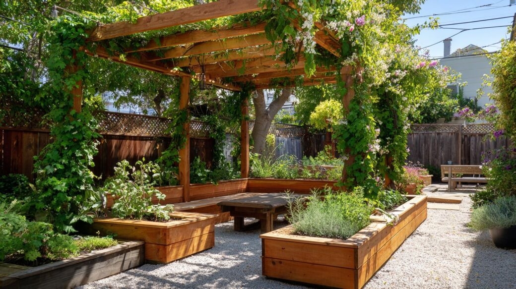 Garden Pergola Integrated Raised Planter Beds and Bench