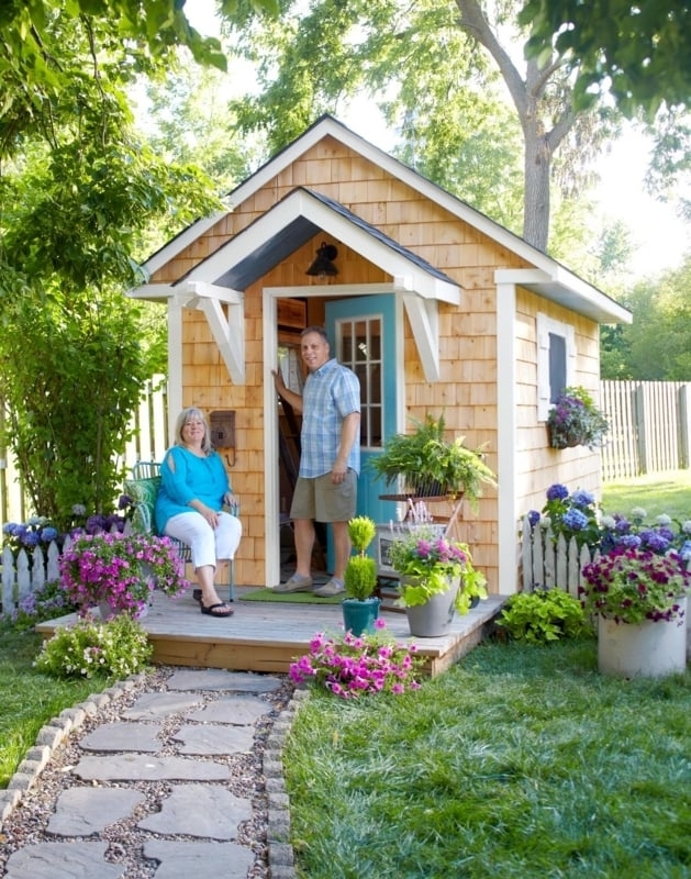 Garden Shed with Light Blue Entry Door and Cedar Shingle Siding