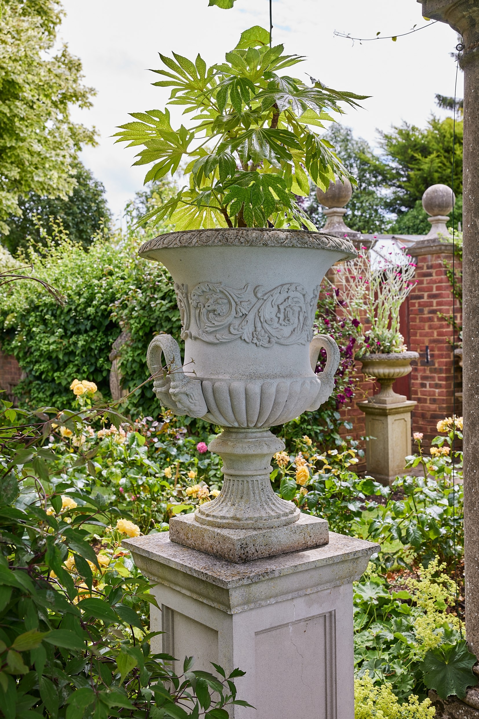 Garden Urn Animal Head Handles Ornate Stone Sculpture