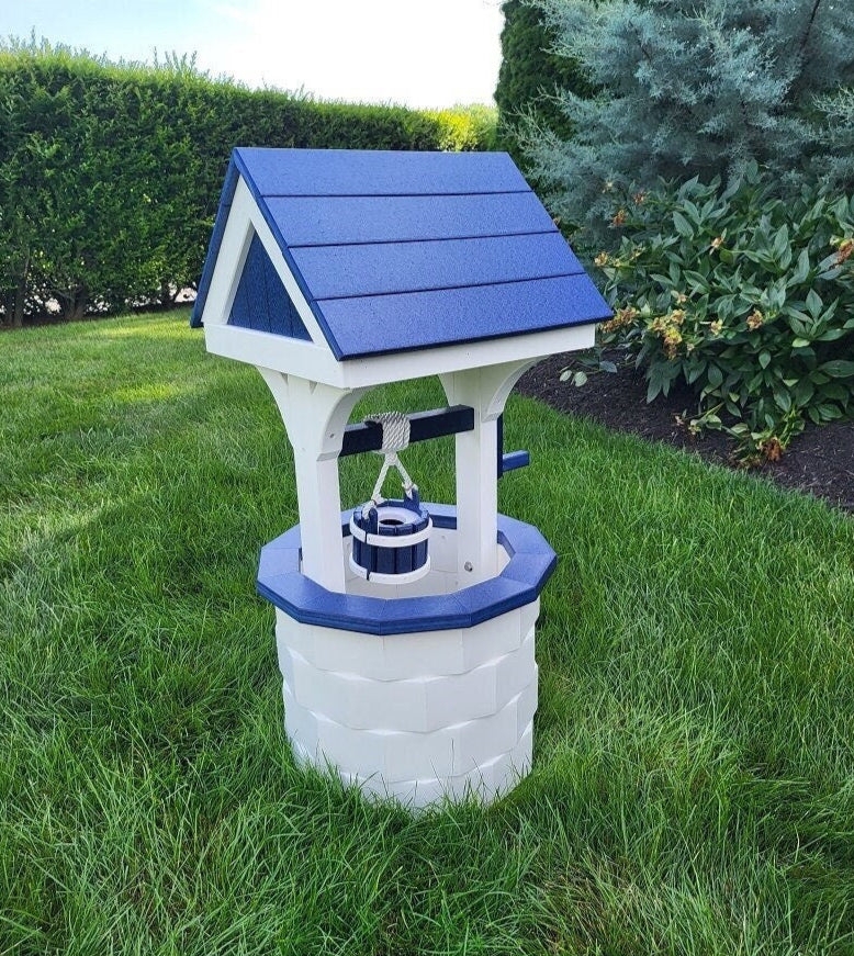 Garden Wishing Well with Royal Blue Roof and Octagonal Block Base