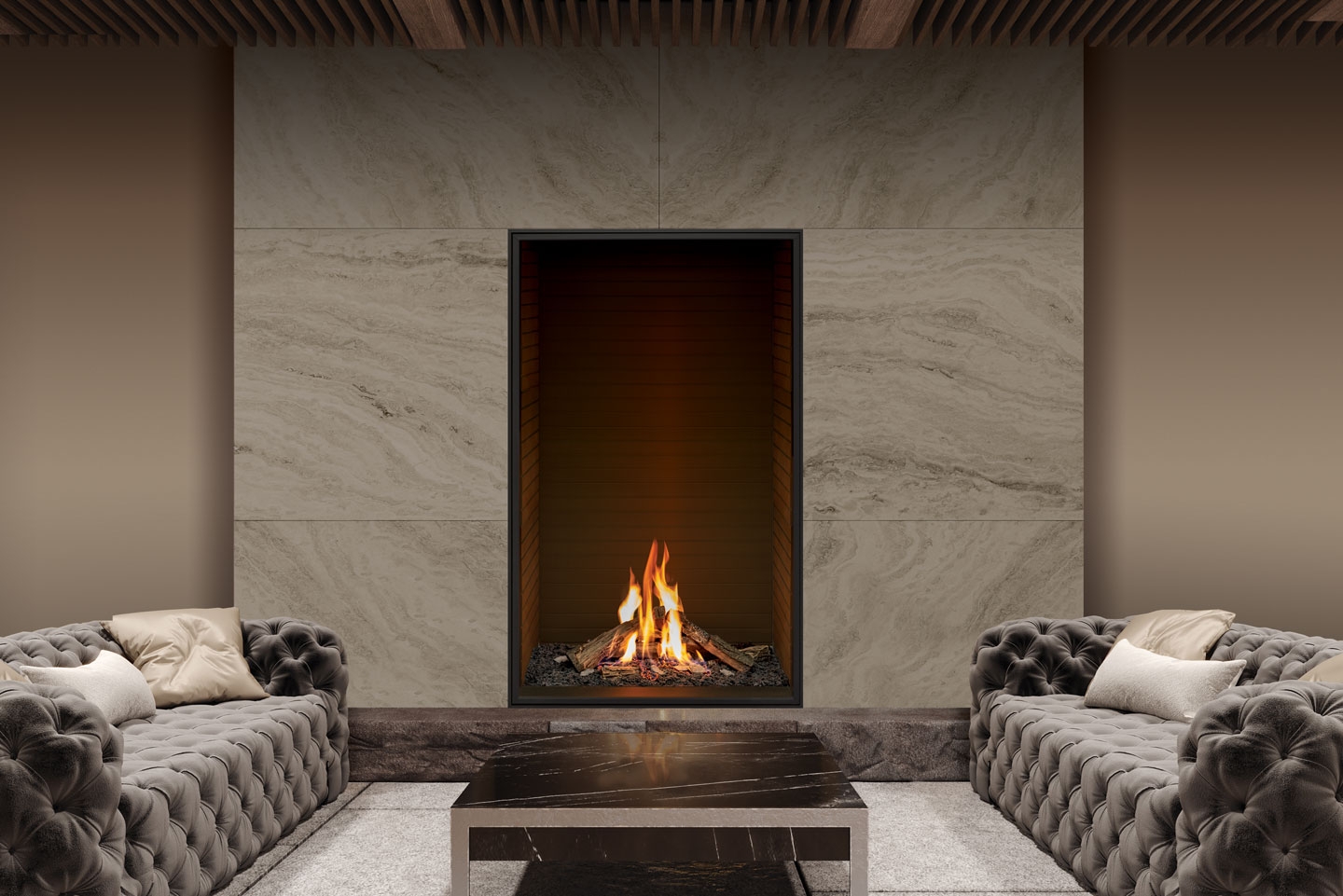 Gas Fireplace Tall Niche Symmetrical Living Room Layout