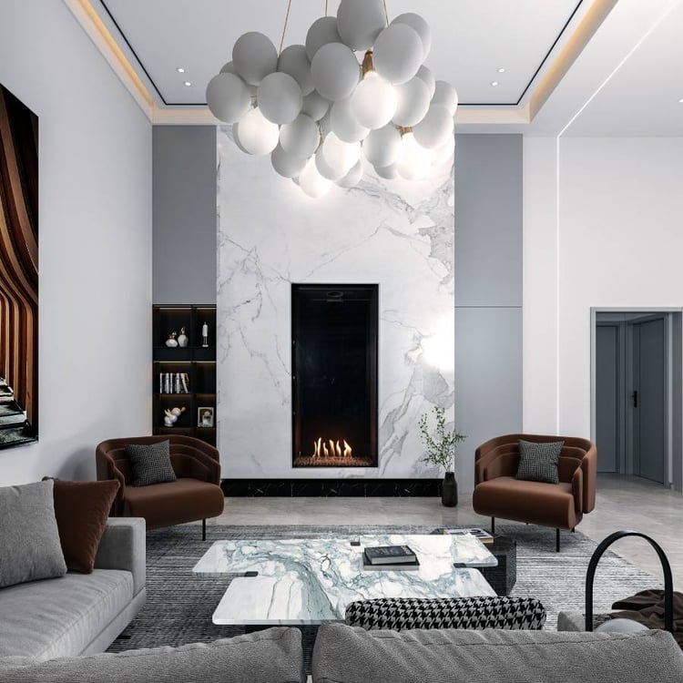 Gas Fireplace Vertical Stone Slab Marble Surround Wall