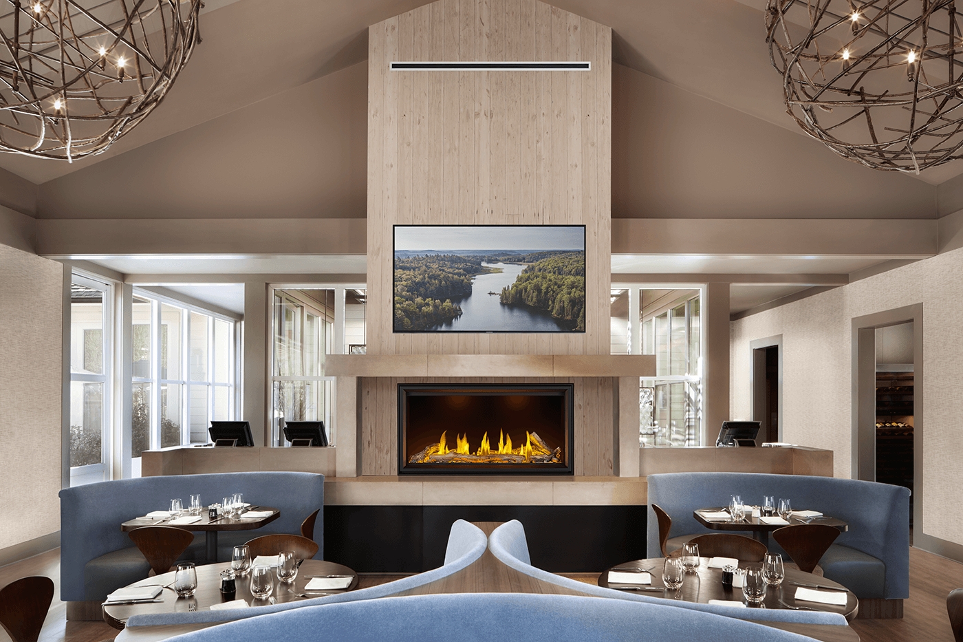 Gas Fireplace Wood Plank Accent Wall Restaurant Styling