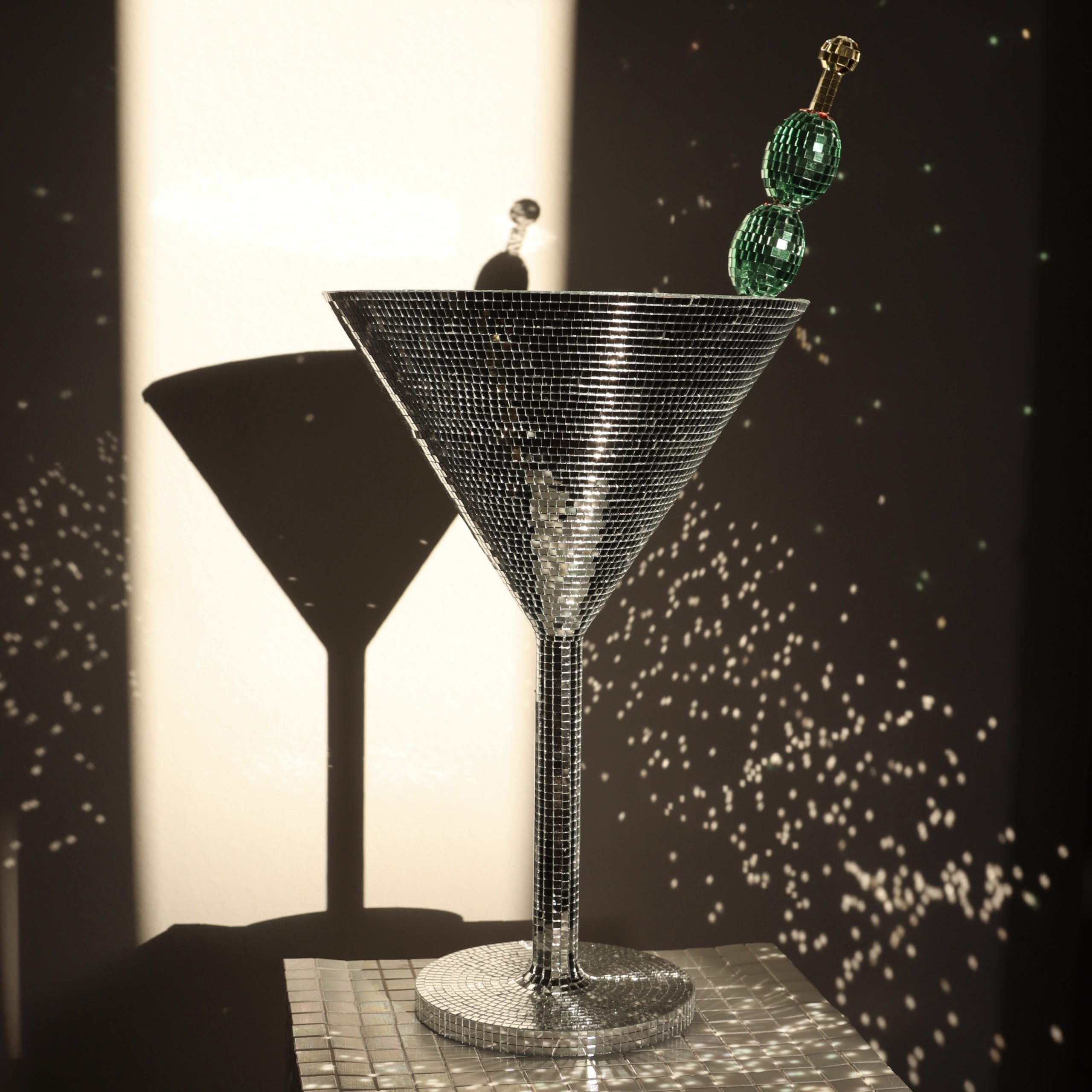 Giant Martini Glass: Silver Disco Ball Texture Mirrored Cocktail Decor