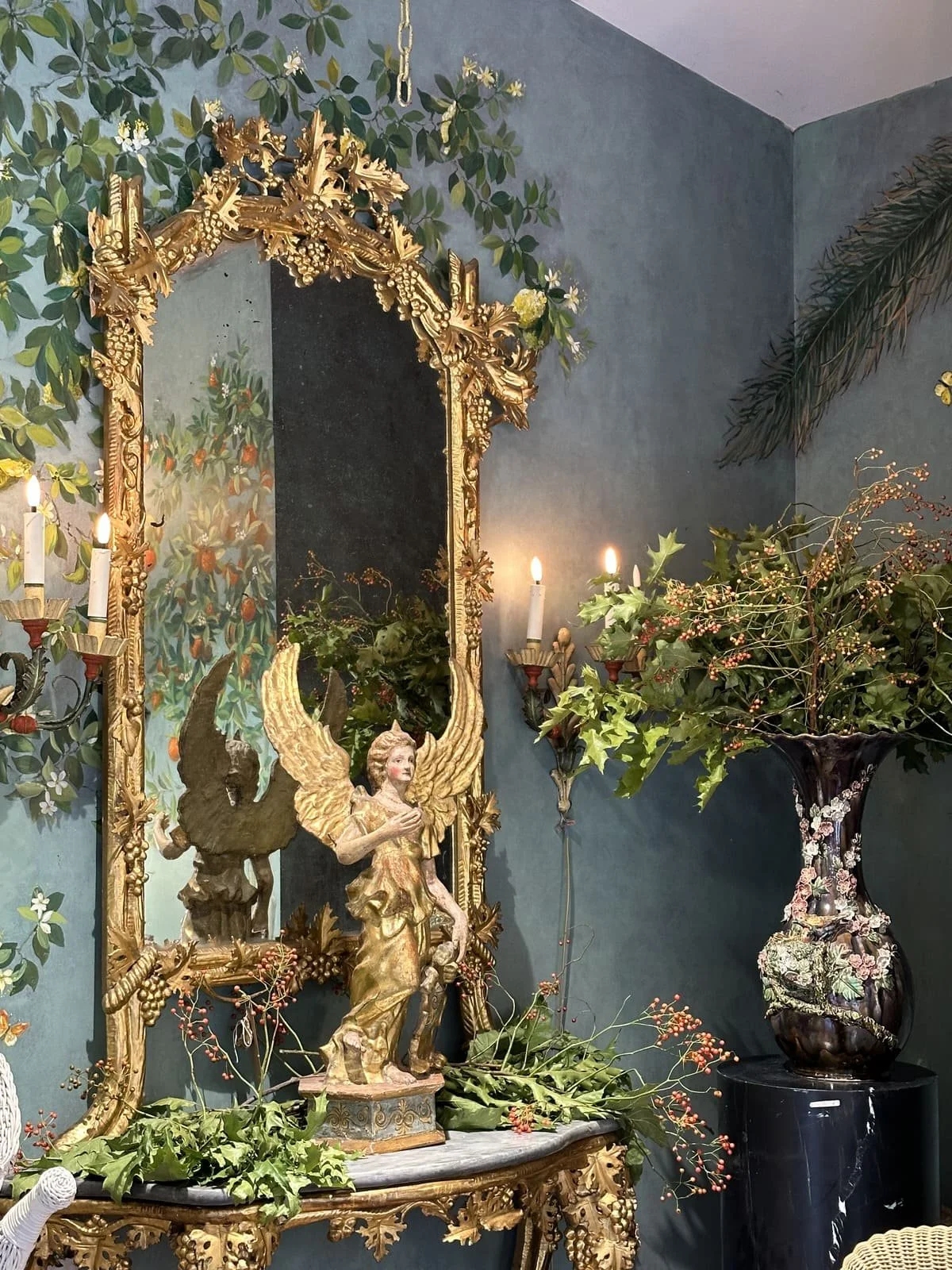 Giltwood Mirror Botanical Mural Detail Antique French Baroque