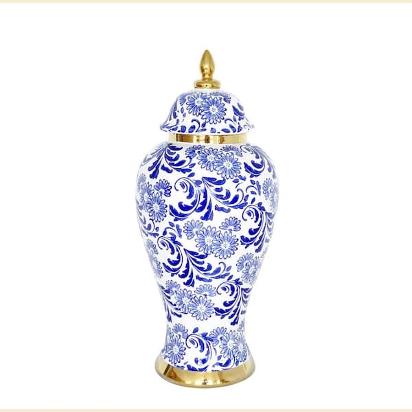 Ginger Jar 17.5 Inch Height with Polished Gold Accents