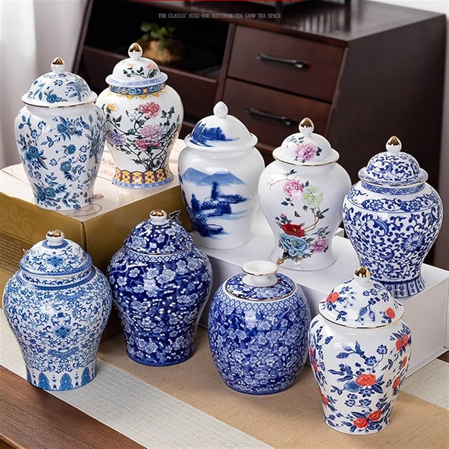 Ginger Jar Diverse Patterns and Gold Finial Storage Set