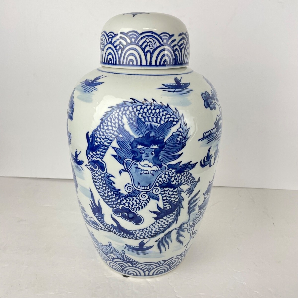 Ginger Jar Dragon Motif and Scalloped Wave Trim