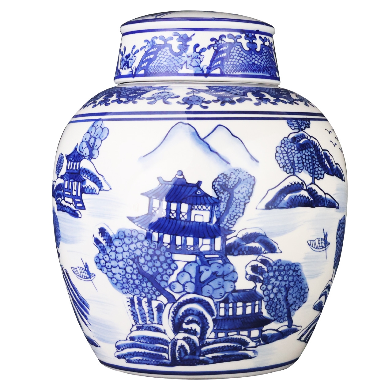Ginger Jar featuring Cobalt Blue Landscape and Pagoda Art
