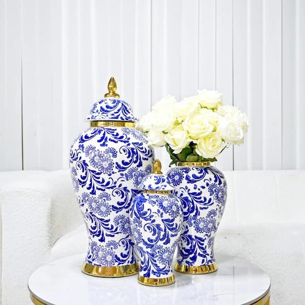 Ginger Jar Gold Accents and Blue Floral Scroll Centerpiece