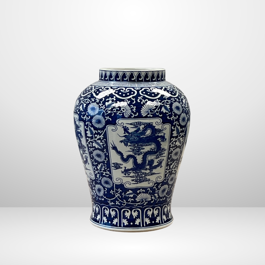 Ginger Jar Wide Shoulder Dragon Motif and Floral Scroll