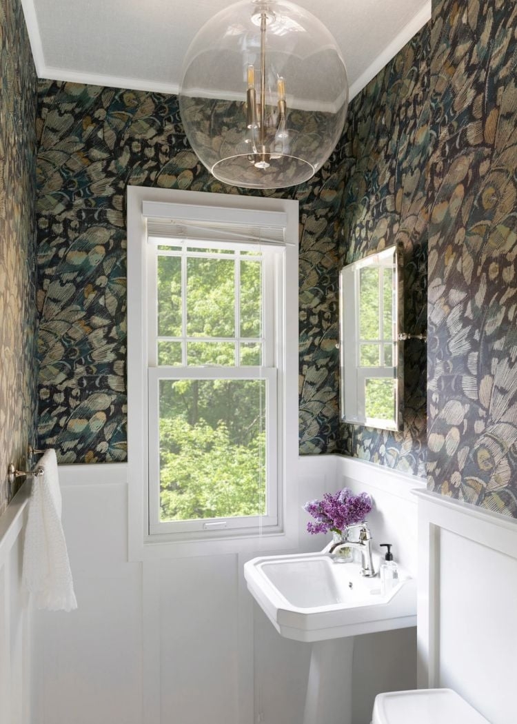 Glass Globe Chandelier with Butterfly Print Wallpaper Decor