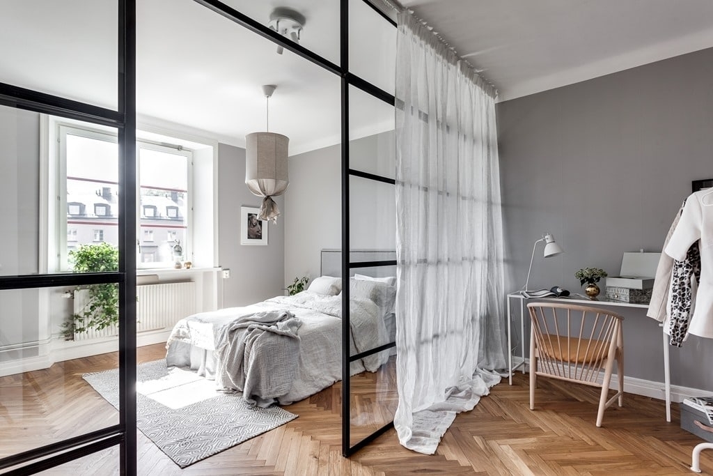 Glass Partition Sheer Curtain Industrial Bedroom Zoning