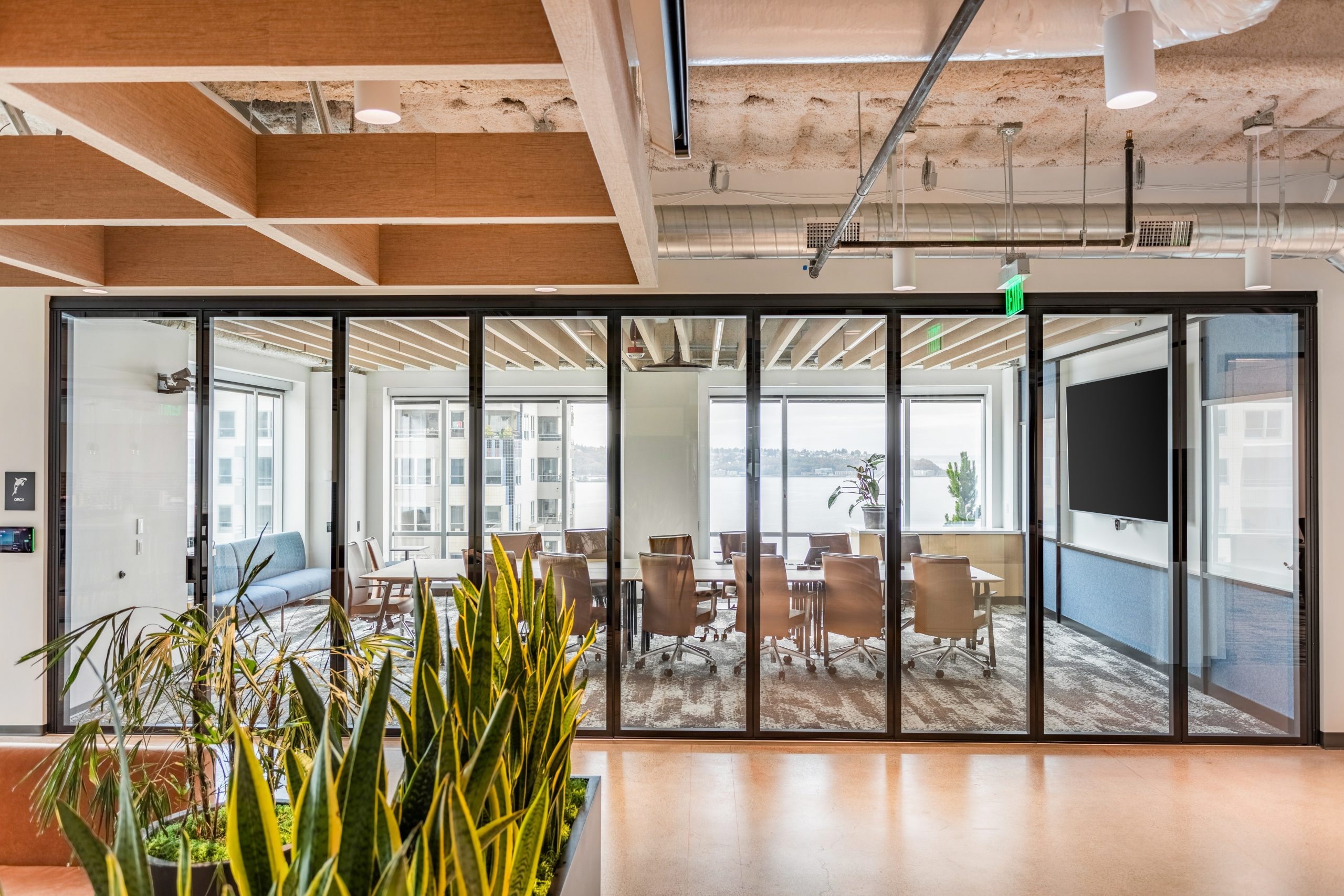 Glass Partition System Wood Toned Grid Acoustic Ceiling
