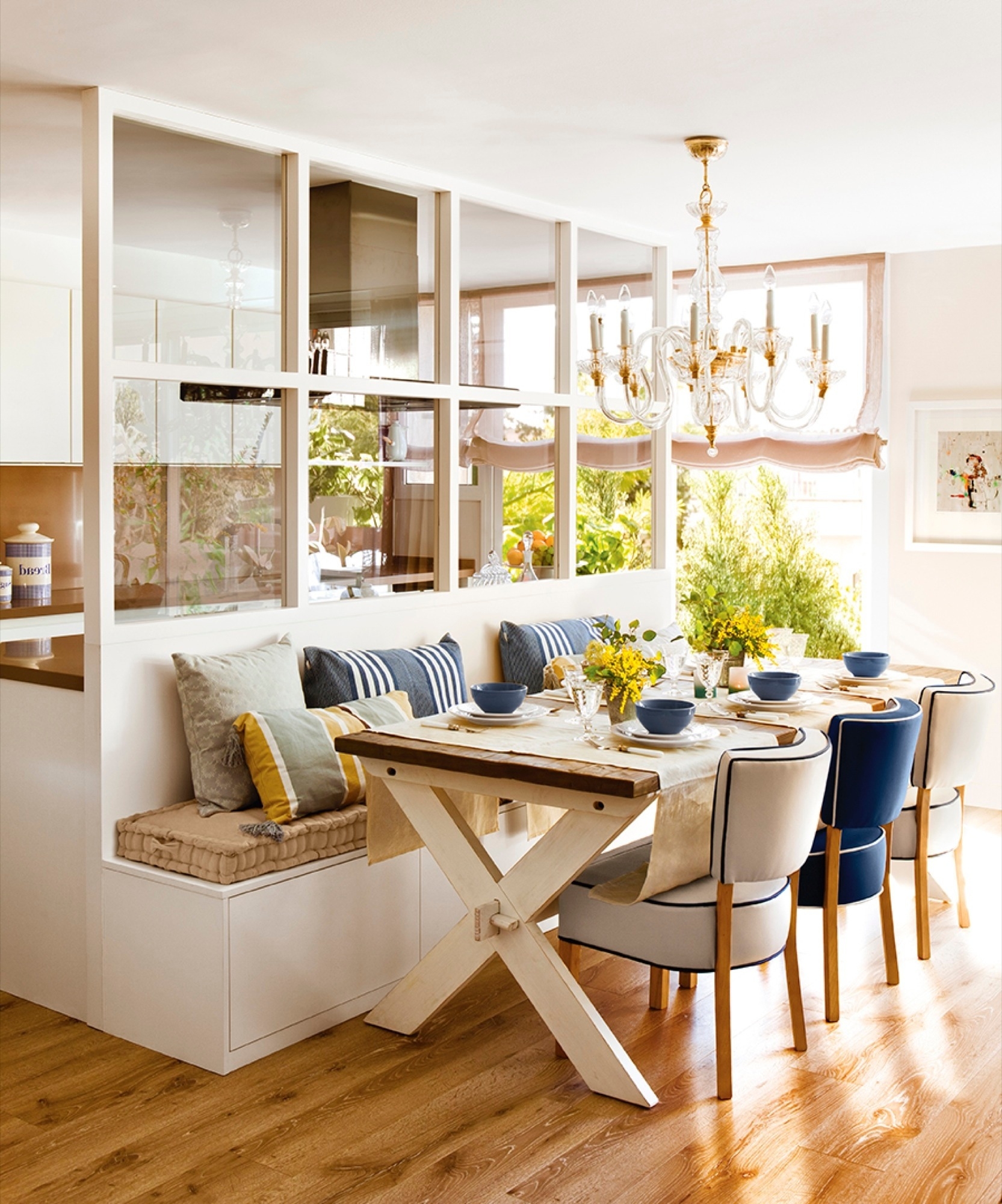 Glass Partition Wall X-Base Table Coastal Kitchen Nook