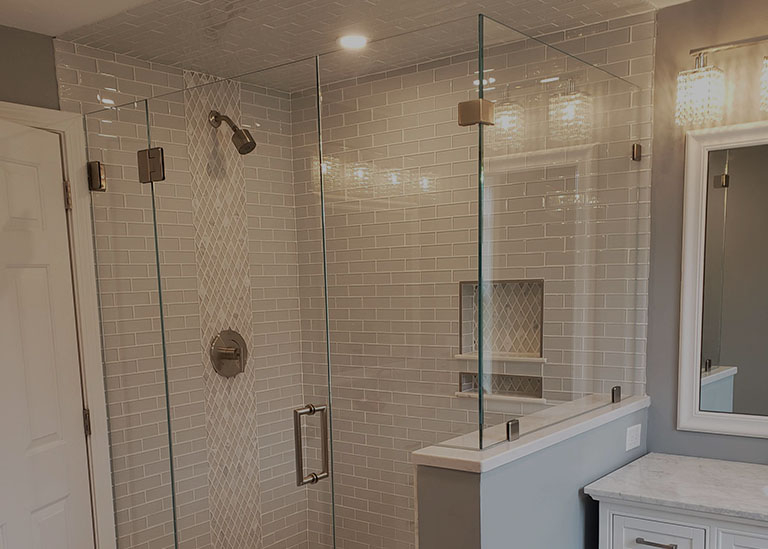 Glass Shower Enclosure vertical mosaic inlay and gray tile