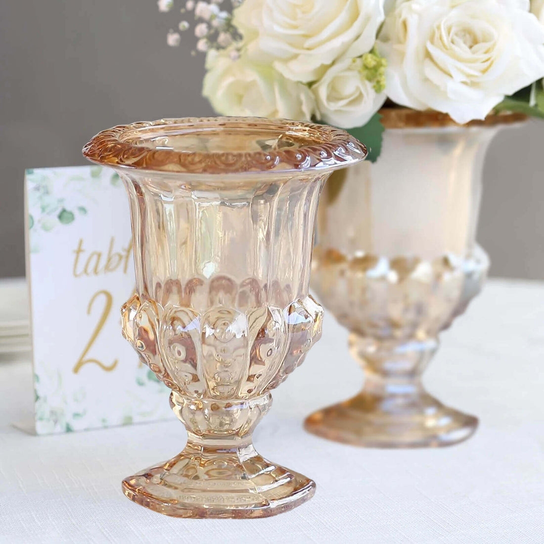 Glass Vase Amber Gold Fluted Pedestal Roman Style Urn