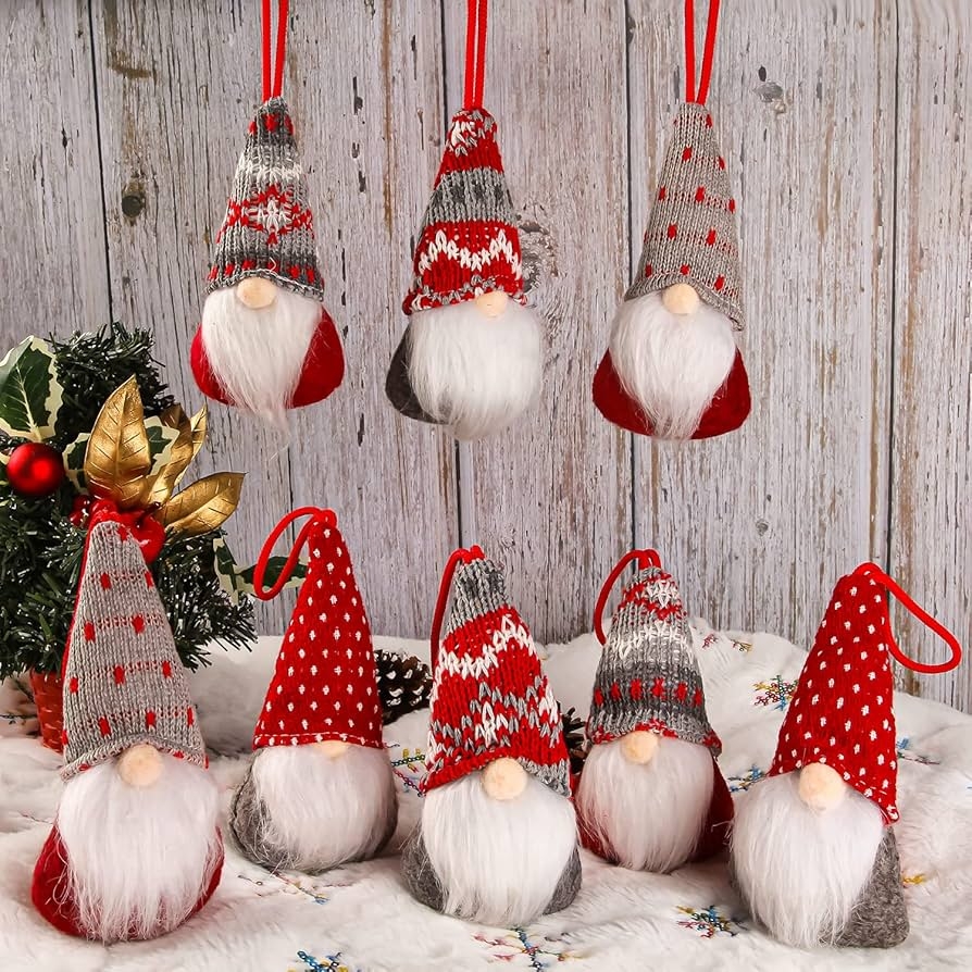 Gnome Ornaments Fair Isle Hats Set for Scandinavian Holiday Decor