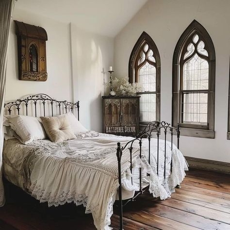 Gothic Bed Frame Arched Window Silhouette Lace Trim
