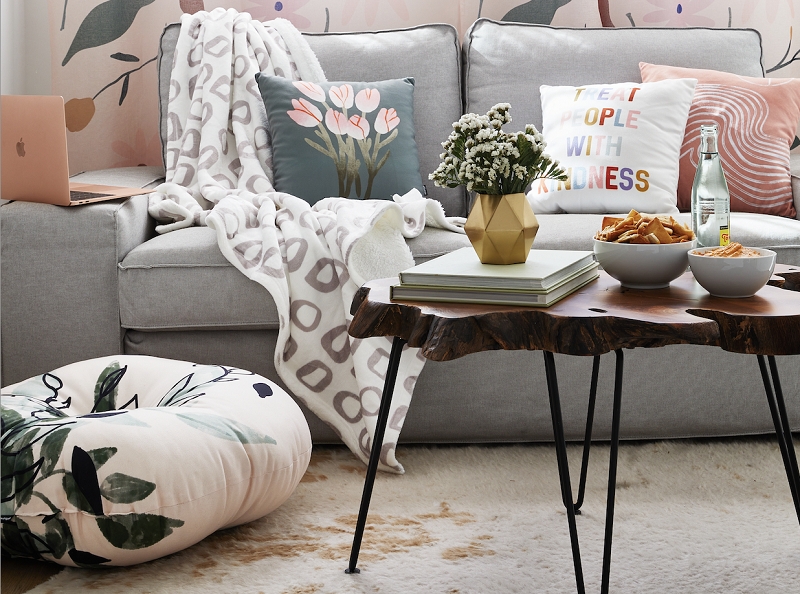 Gray Couch: Live Edge Coffee Table Styling and Hairpin Legs