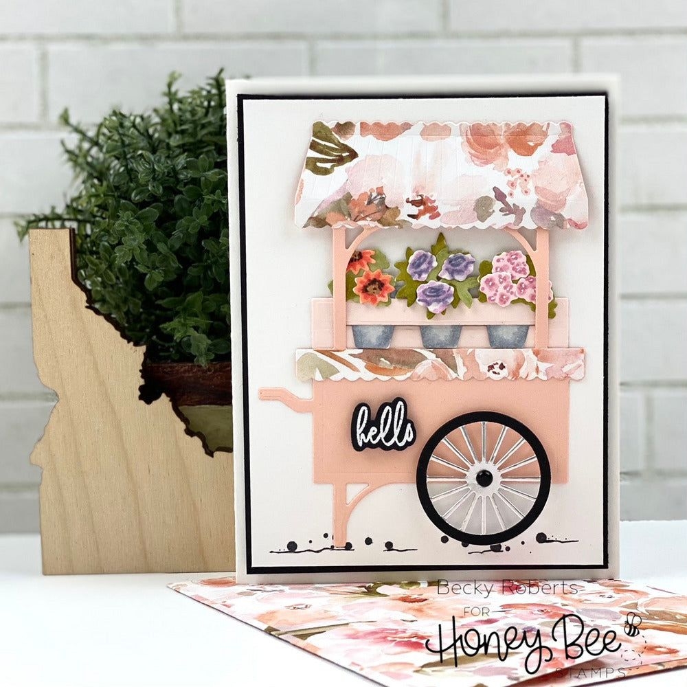 Greeting Card with Market Cart Motif and Peach Floral Design