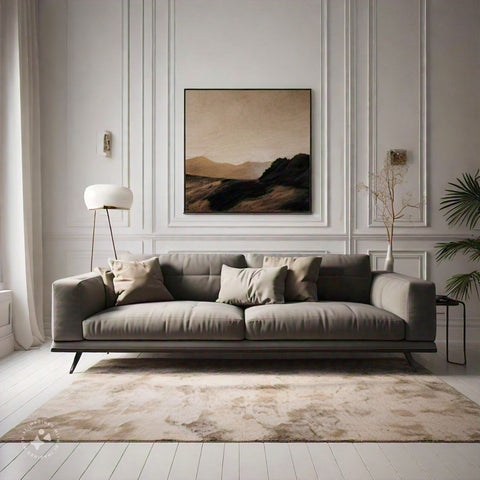 Grey Sofa: Earthy Distressed Rug and Classic Wall Molding