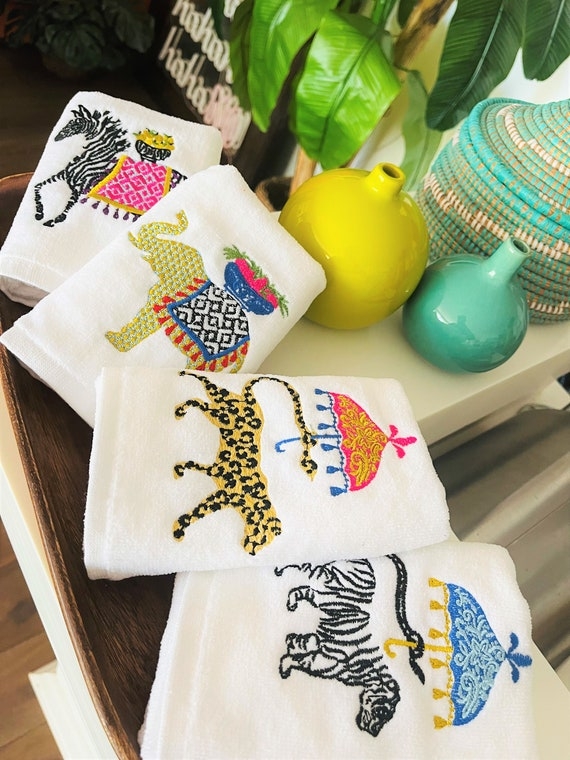 Guest Towels Embroidered Animal Motifs for Safari Hand Towels
