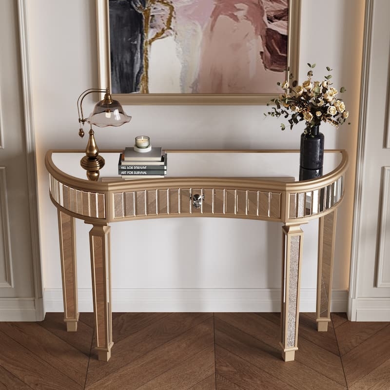 Half Moon Console Table with Fluted Mirror Apron Detail